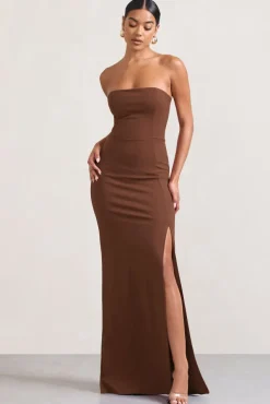Belle of The Ball | Brown Bandeau Maxi Dress With Split Hem