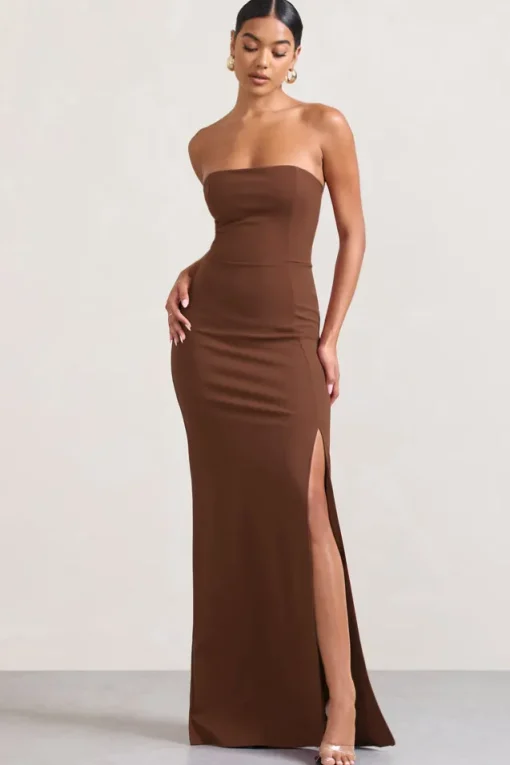 Belle of The Ball | Brown Bandeau Maxi Dress With Split Hem