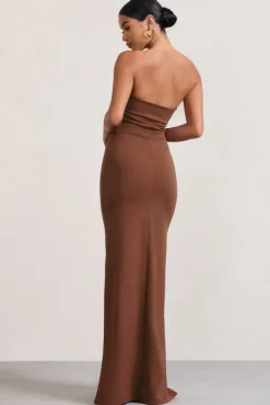 Belle of The Ball | Brown Bandeau Maxi Dress With Split Hem