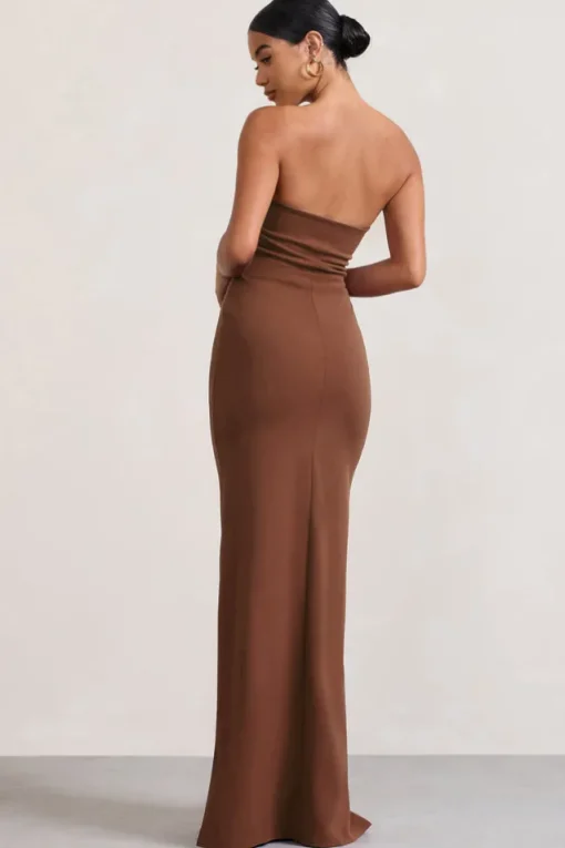 Belle of The Ball | Brown Bandeau Maxi Dress With Split Hem