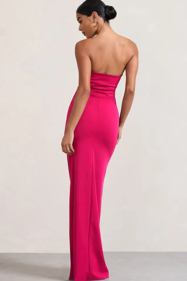 Belle of The Ball | Hot Pink Bandeau Maxi Dress With Split Hem