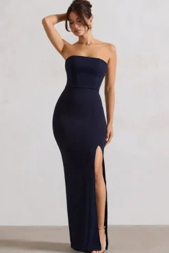 Belle of The Ball | Navy Bandeau Maxi Dress With Split Hem