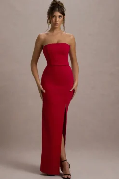 Belle of The Ball | Red Bandeau Maxi Dress With Split Hem