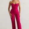 Bellezza | Hot Pink Bandeau Corset Wide Leg Jumpsuit