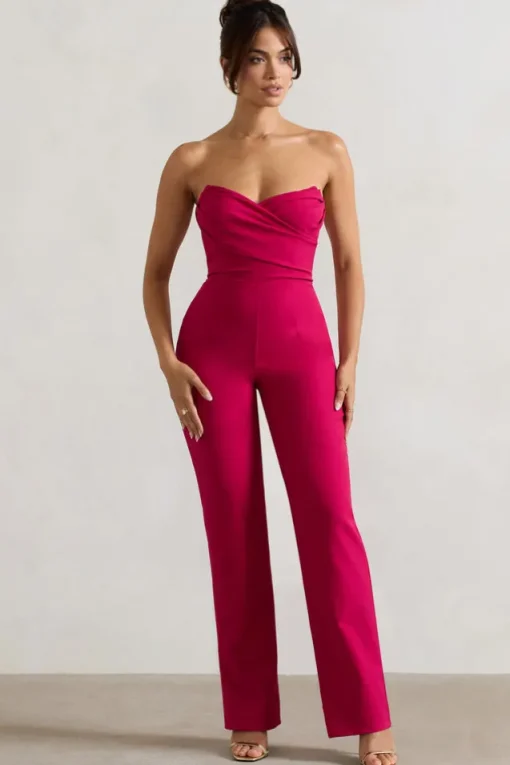 Bellezza | Hot Pink Bandeau Corset Wide Leg Jumpsuit