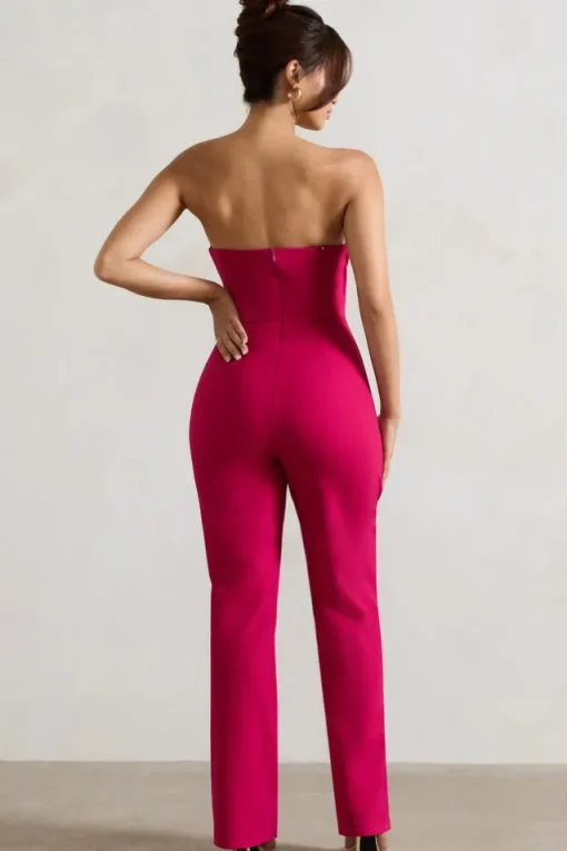 Bellezza | Hot Pink Bandeau Corset Wide Leg Jumpsuit