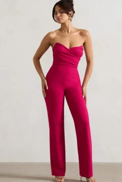 Bellezza | Hot Pink Bandeau Corset Wide Leg Jumpsuit