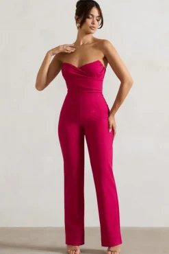 Bellezza | Hot Pink Bandeau Corset Wide Leg Jumpsuit