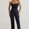 Bellezza | Navy Bandeau Corset Wide Leg Jumpsuit