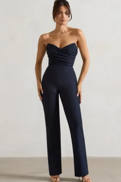 Bellezza | Navy Bandeau Corset Wide Leg Jumpsuit