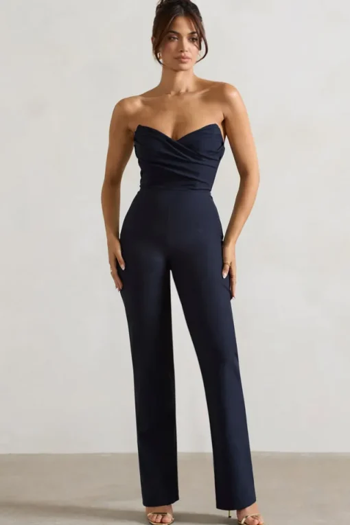 Bellezza | Navy Bandeau Corset Wide Leg Jumpsuit