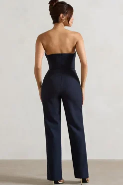Bellezza | Navy Bandeau Corset Wide Leg Jumpsuit
