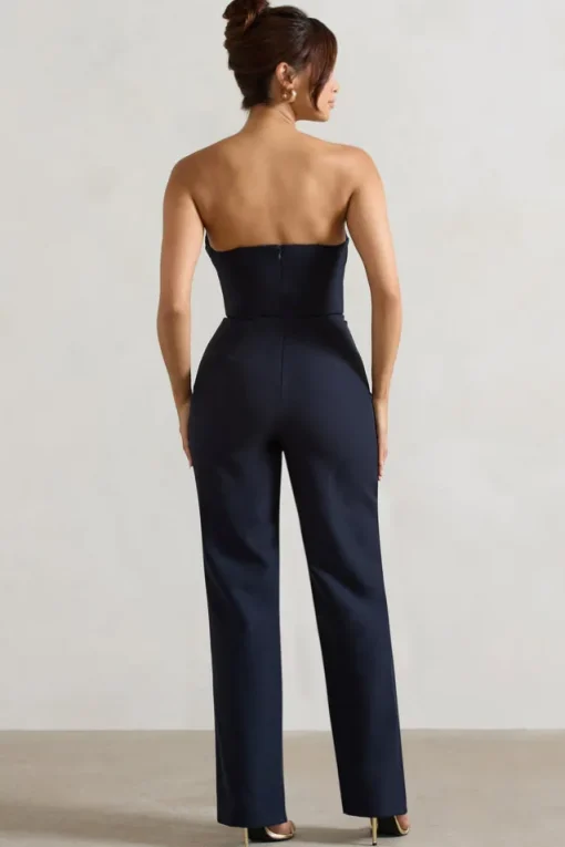Bellezza | Navy Bandeau Corset Wide Leg Jumpsuit