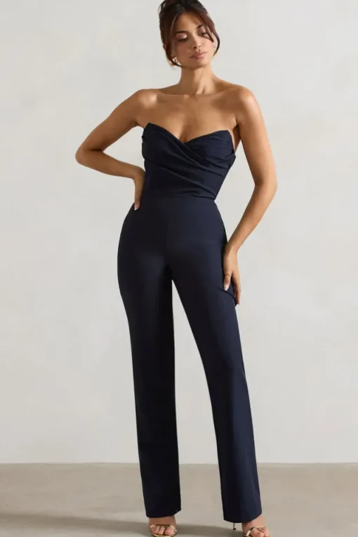 Bellezza | Navy Bandeau Corset Wide Leg Jumpsuit