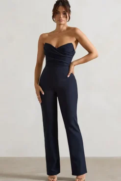Bellezza | Navy Bandeau Corset Wide Leg Jumpsuit