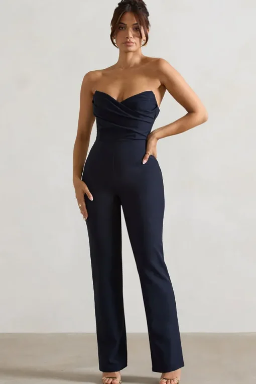 Bellezza | Navy Bandeau Corset Wide Leg Jumpsuit