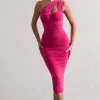 Bellini | Dark Pink Asymmetric Ruched Midi Dress