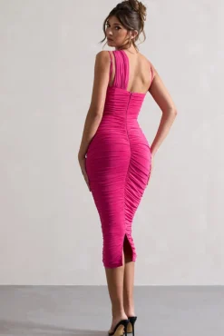 Bellini | Dark Pink Asymmetric Ruched Midi Dress