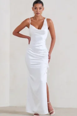 Belonging | White Ruched Cowl Maxi Dress