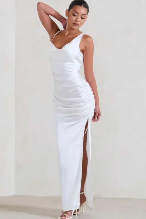 Belonging | White Ruched Cowl Maxi Dress