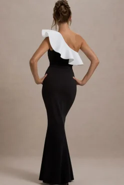 Berkley | Black u0026 White Ruffled One-Shoulder Maxi Dress