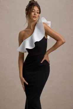 Berkley | Black u0026 White Ruffled One-Shoulder Maxi Dress