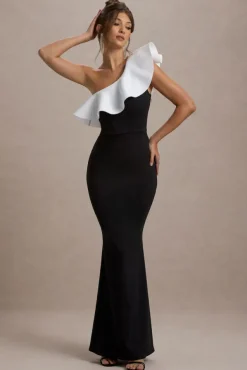 Berkley | Black u0026 White Ruffled One-Shoulder Maxi Dress