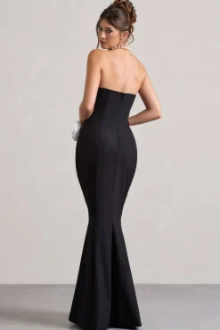 Best Of The Best | Black Strapless Fishtail Maxi Dress With Corsages