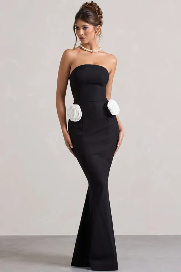 Best Of The Best | Black Strapless Fishtail Maxi Dress With Corsages