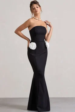 Best Of The Best | Black Strapless Fishtail Maxi Dress With Corsages