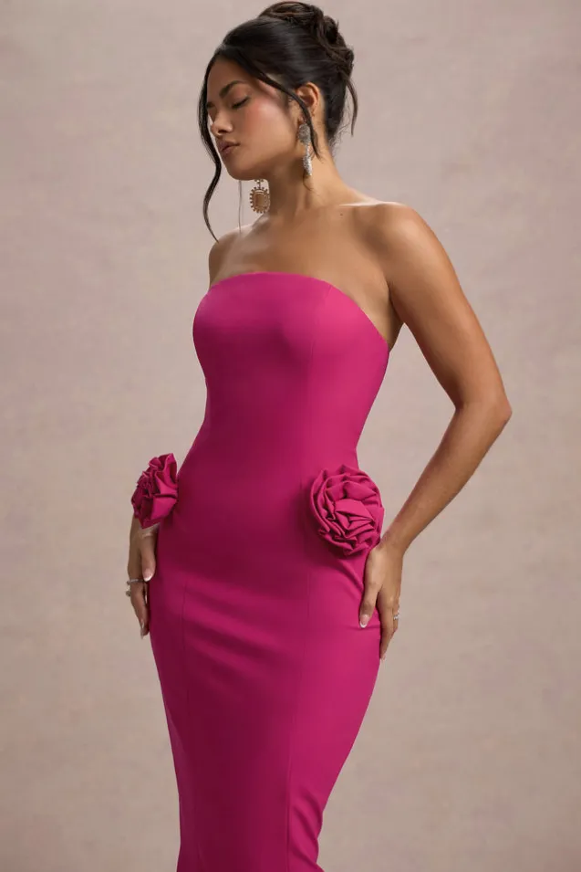 Best Of The Best | Dark Pink Strapless Fishtail Maxi Dress With Corsages