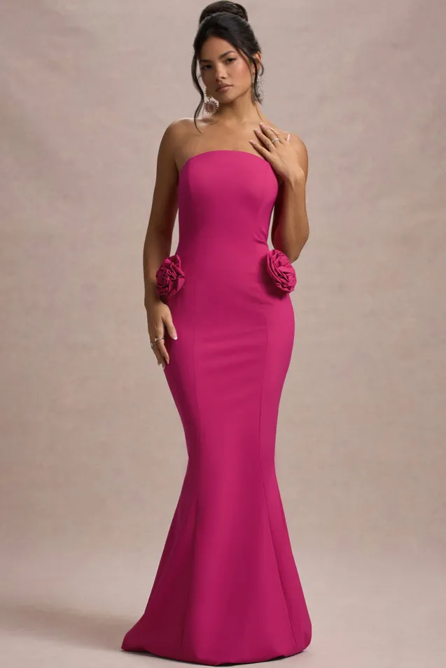 Best Of The Best | Dark Pink Strapless Fishtail Maxi Dress With Corsages