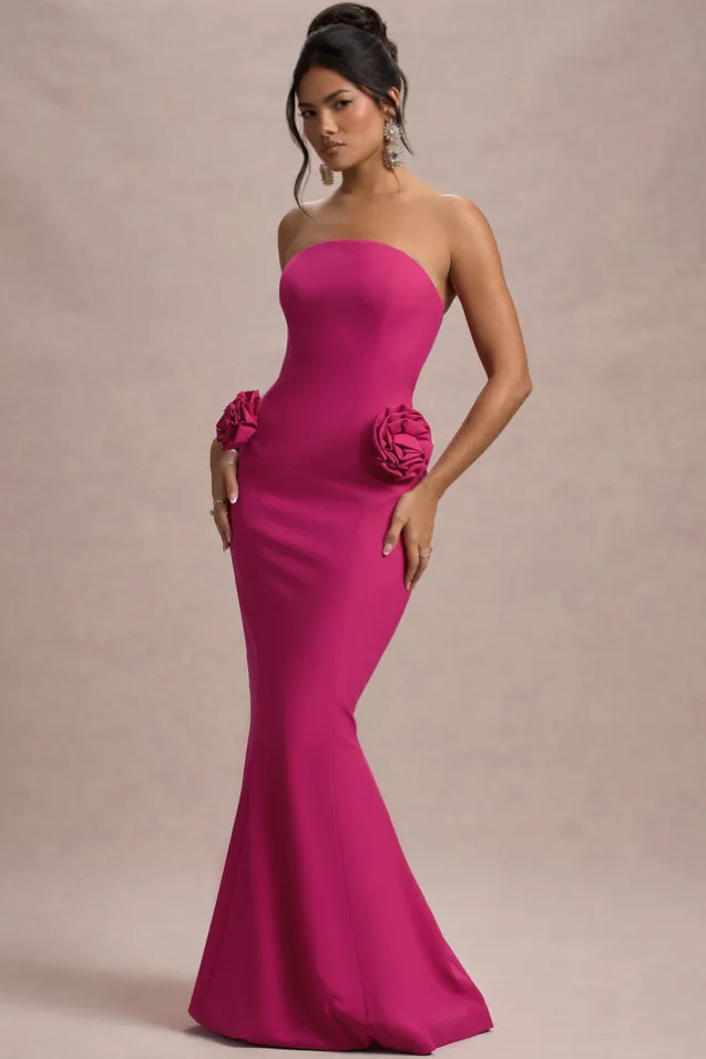 Best Of The Best | Dark Pink Strapless Fishtail Maxi Dress With Corsages