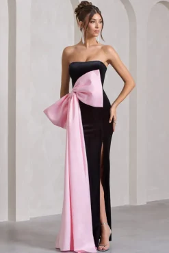 Best Wishes | Black Velvet Bandeau Split Maxi Dress With Oversized Pink Bow