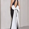 Bestow | Black Open-Back Maxi Dress With Oversized White Bow