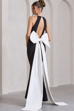 Bestow | Black Open-Back Maxi Dress With Oversized White Bow