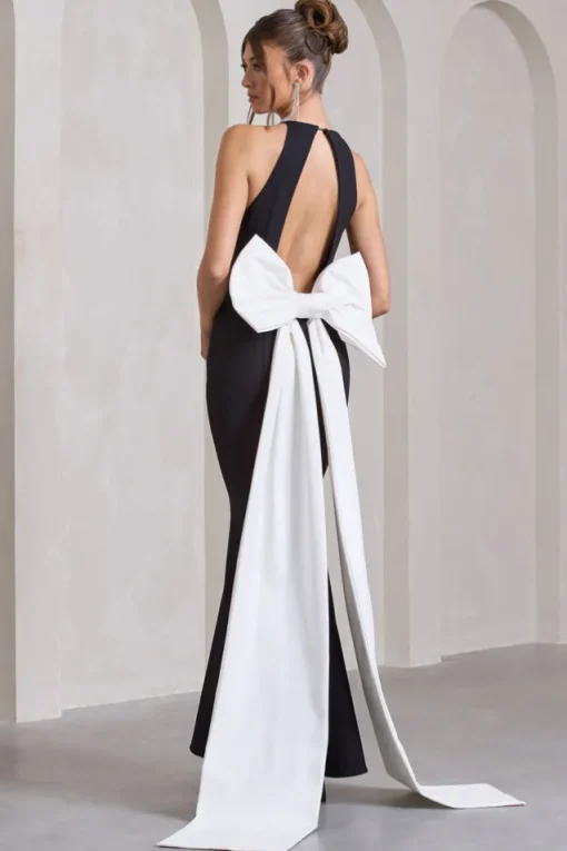 Bestow | Black Open-Back Maxi Dress With Oversized White Bow