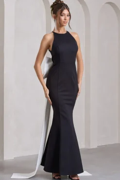 Bestow | Black Open-Back Maxi Dress With Oversized White Bow