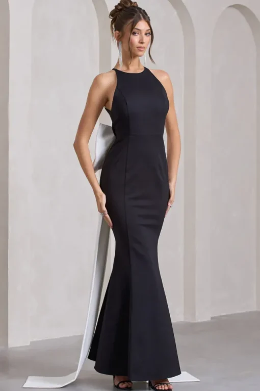 Bestow | Black Open-Back Maxi Dress With Oversized White Bow