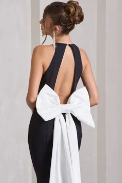 Bestow | Black Open-Back Maxi Dress With Oversized White Bow