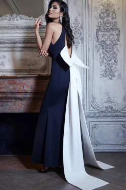 Bestow | Black Open-Back Maxi Dress With Oversized White Bow