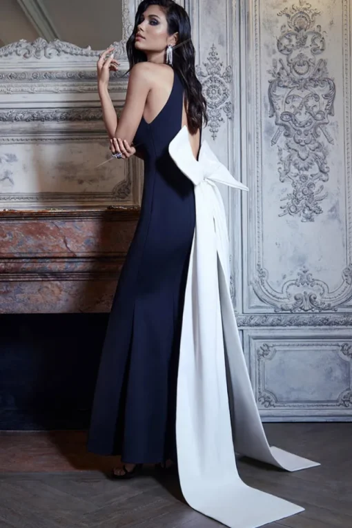 Bestow | Black Open-Back Maxi Dress With Oversized White Bow