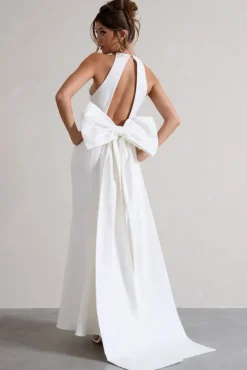 Bestow | White Open-Back Maxi Dress With Oversized White Bow