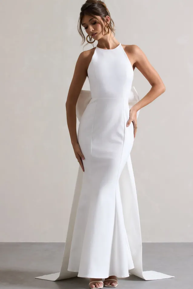 Bestow | White Open-Back Maxi Dress With Oversized White Bow