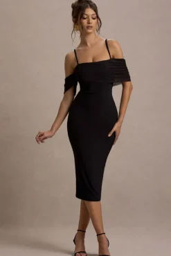 Bethan | Black Bodycon Strappy Mesh Bardot Midi Dress