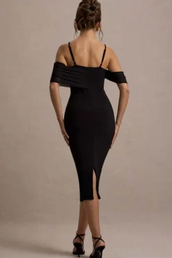 Bethan | Black Bodycon Strappy Mesh Bardot Midi Dress