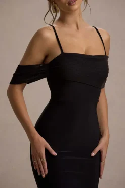 Bethan | Black Bodycon Strappy Mesh Bardot Midi Dress