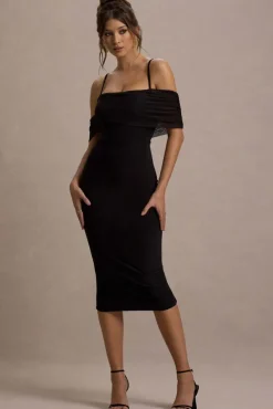 Bethan | Black Bodycon Strappy Mesh Bardot Midi Dress