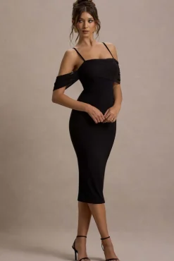 Bethan | Black Bodycon Strappy Mesh Bardot Midi Dress