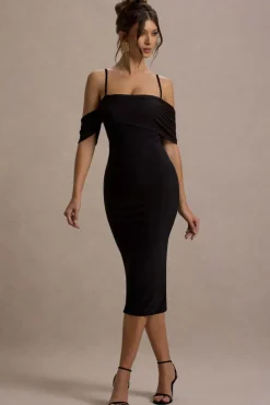 Bethan | Black Bodycon Strappy Mesh Bardot Midi Dress